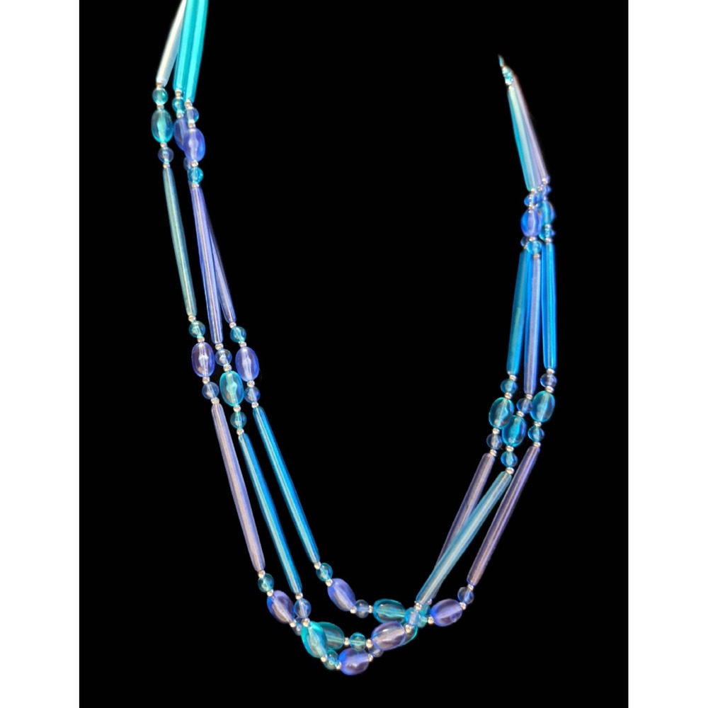 Vintage Multi Strand Blue Purple Glass Beaded Layered Necklace Silver Tone 28in